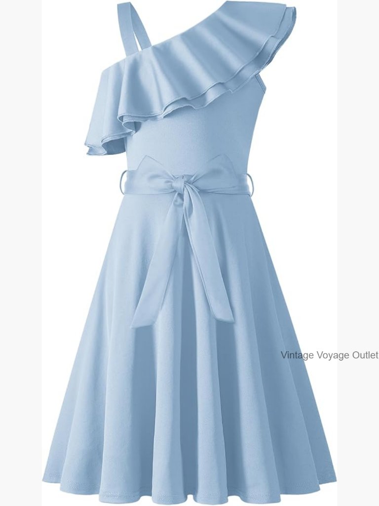 Girls One Shoulder Ruffle Formal Party Dress With Belted Pockets 5-12y
